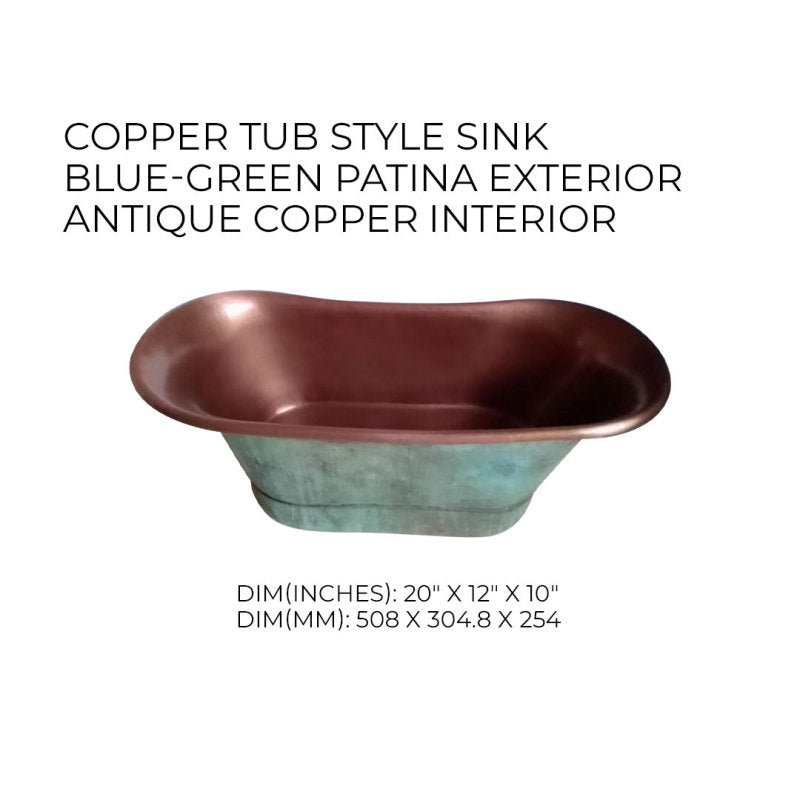 Coppersmith Creations Copper Tub Style Basin Blue Green Patina Exterior Antique Copper Interior