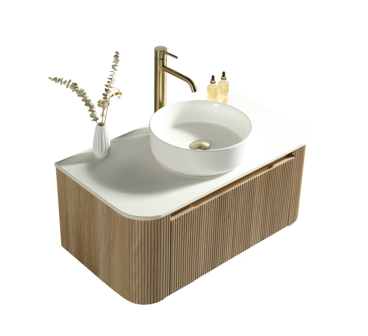 Tailored Bathrooms Flauto Smoked Sage 870mm Wall Hung Curve Corner Vanity with Sintered Stone Countertop