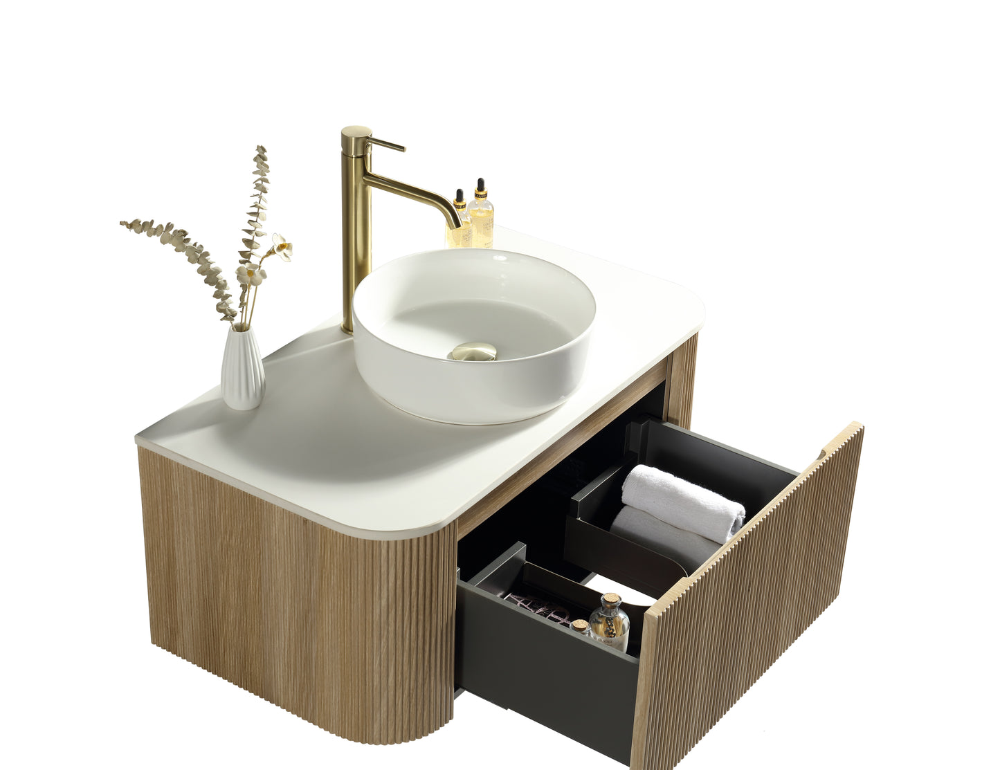 Tailored Bathrooms Flauto Smoked Sage 870mm Wall Hung Curve Corner Vanity with Sintered Stone Countertop