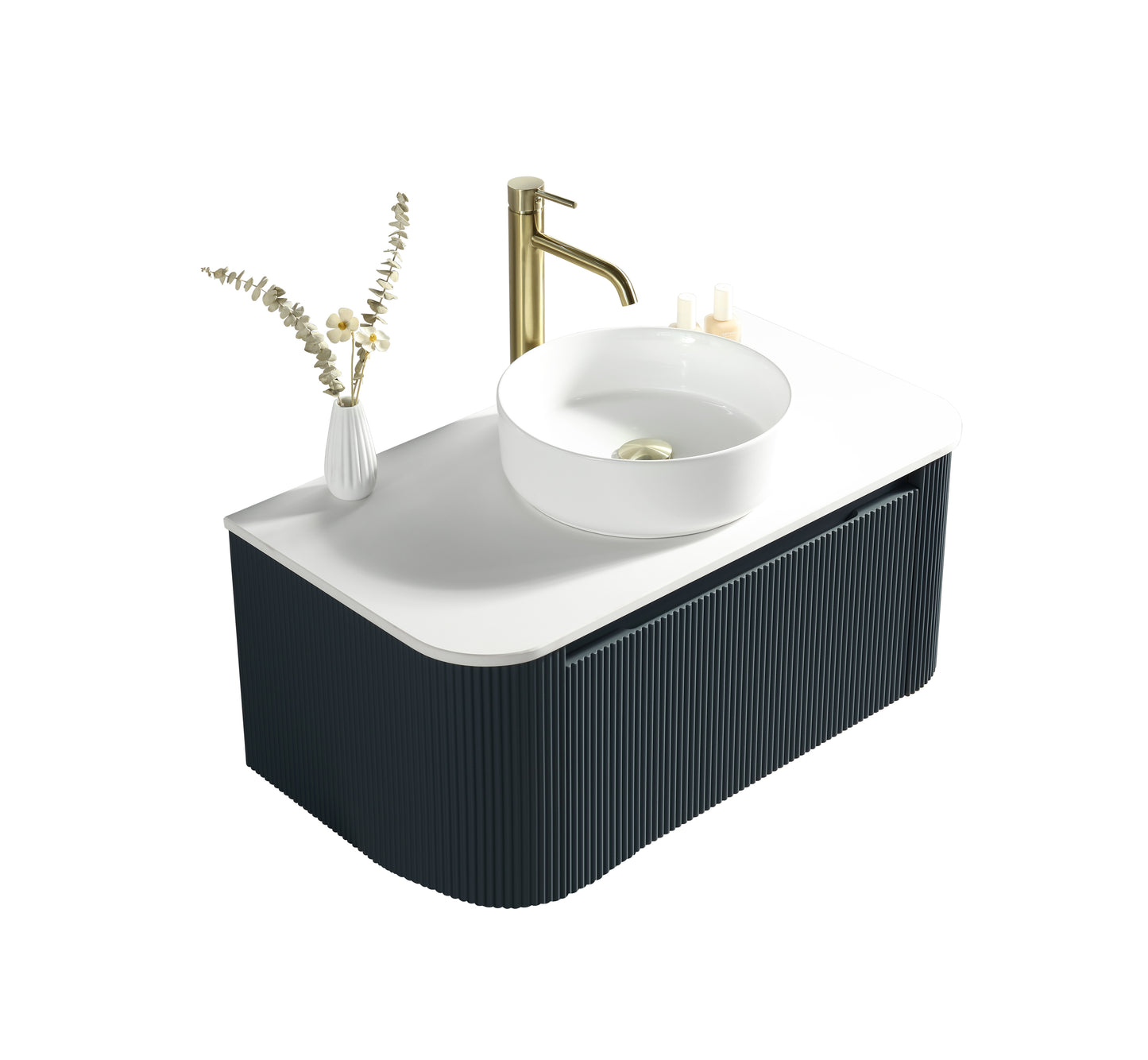 Tailored Bathrooms Flauto Smoked Sage 870mm Wall Hung Curve Corner Vanity with Sintered Stone Countertop