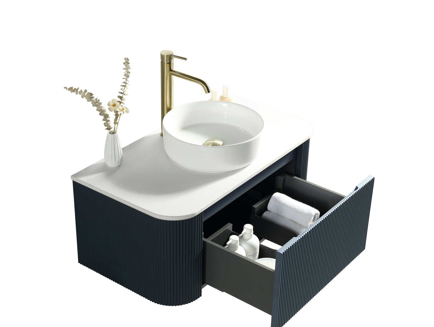 Tailored Bathrooms Flauto Smoked Sage 870mm Wall Hung Curve Corner Vanity with Sintered Stone Countertop