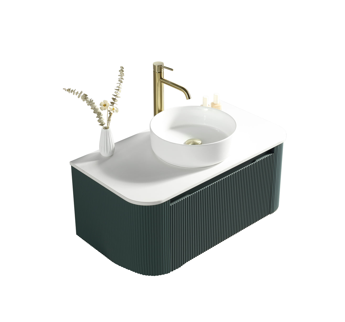 Tailored Bathrooms Flauto Smoked Sage 870mm Wall Hung Curve Corner Vanity with Sintered Stone Countertop