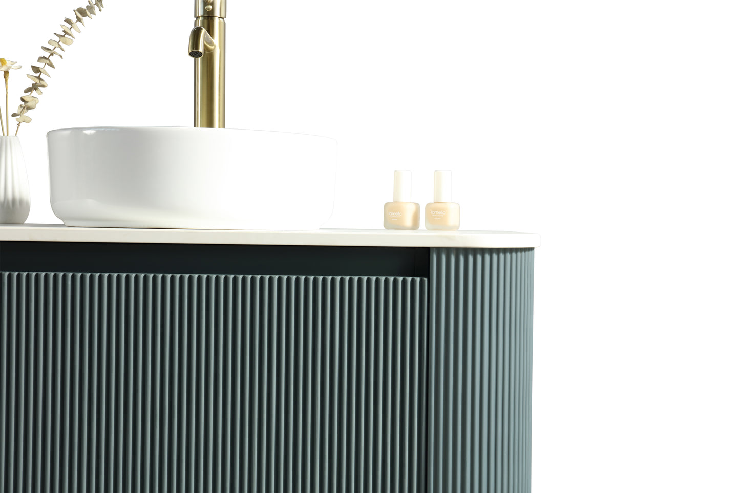 Tailored Bathrooms Flauto Smoked Sage 870mm Wall Hung Curve Corner Vanity with Sintered Stone Countertop