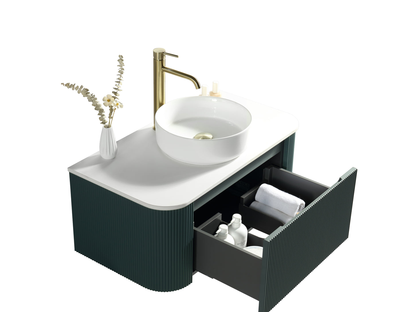Tailored Bathrooms Flauto Smoked Sage 870mm Wall Hung Curve Corner Vanity with Sintered Stone Countertop