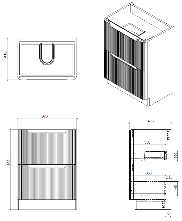 Tailored Bathrooms Monza 600mm Fluted Vanity Unit & Basin | Floor Standing