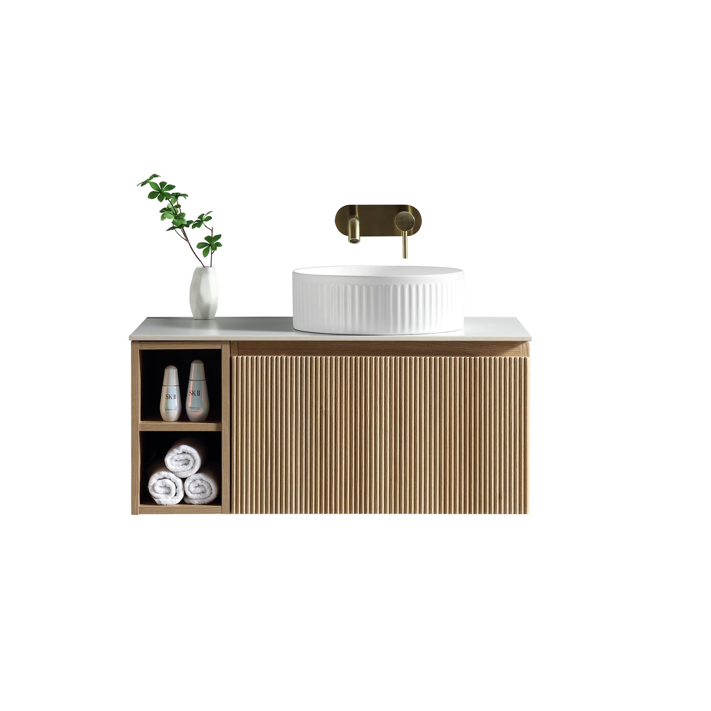 Tailored Bathrooms Flauto 800mm Wall Hung Vanity with Side Storage – Right Hand Sintered Stone Counter Top