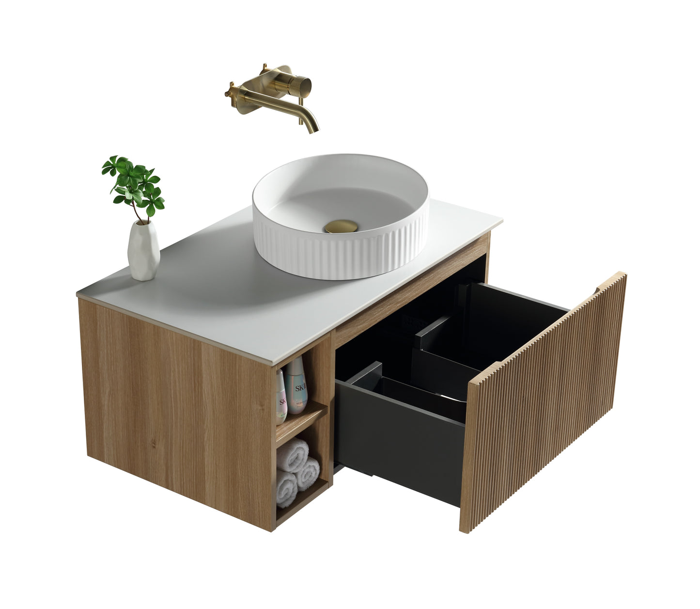 Tailored Bathrooms Flauto 800mm Wall Hung Vanity with Side Storage – Right Hand Sintered Stone Counter Top