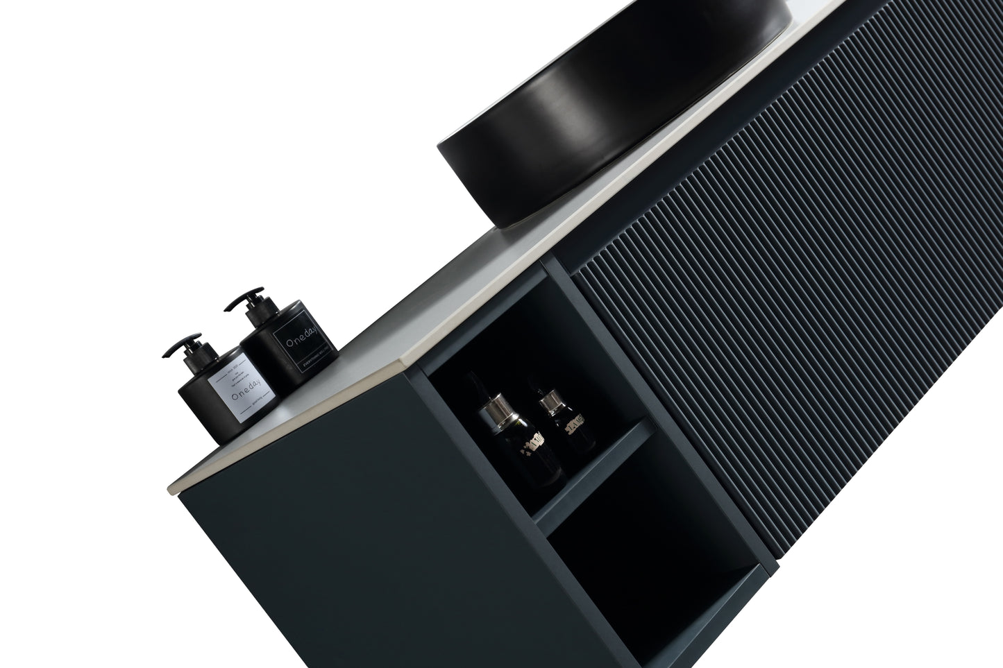 Tailored Bathrooms Flauto 800mm Wall Hung Vanity with Side Storage – Right Hand Sintered Stone Counter Top
