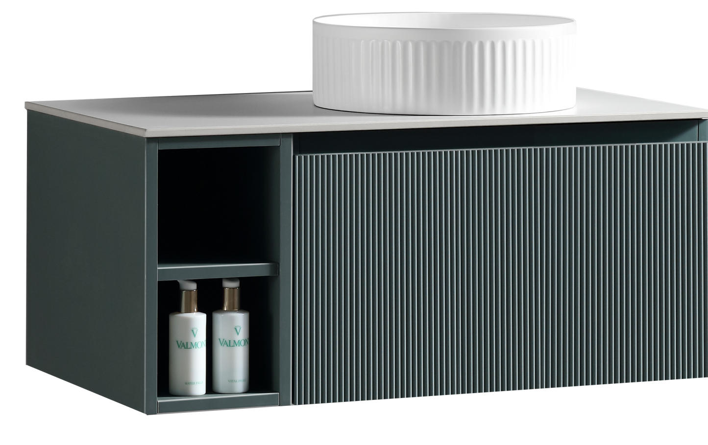 Tailored Bathrooms Flauto 800mm Wall Hung Vanity with Side Storage – Right Hand Sintered Stone Counter Top