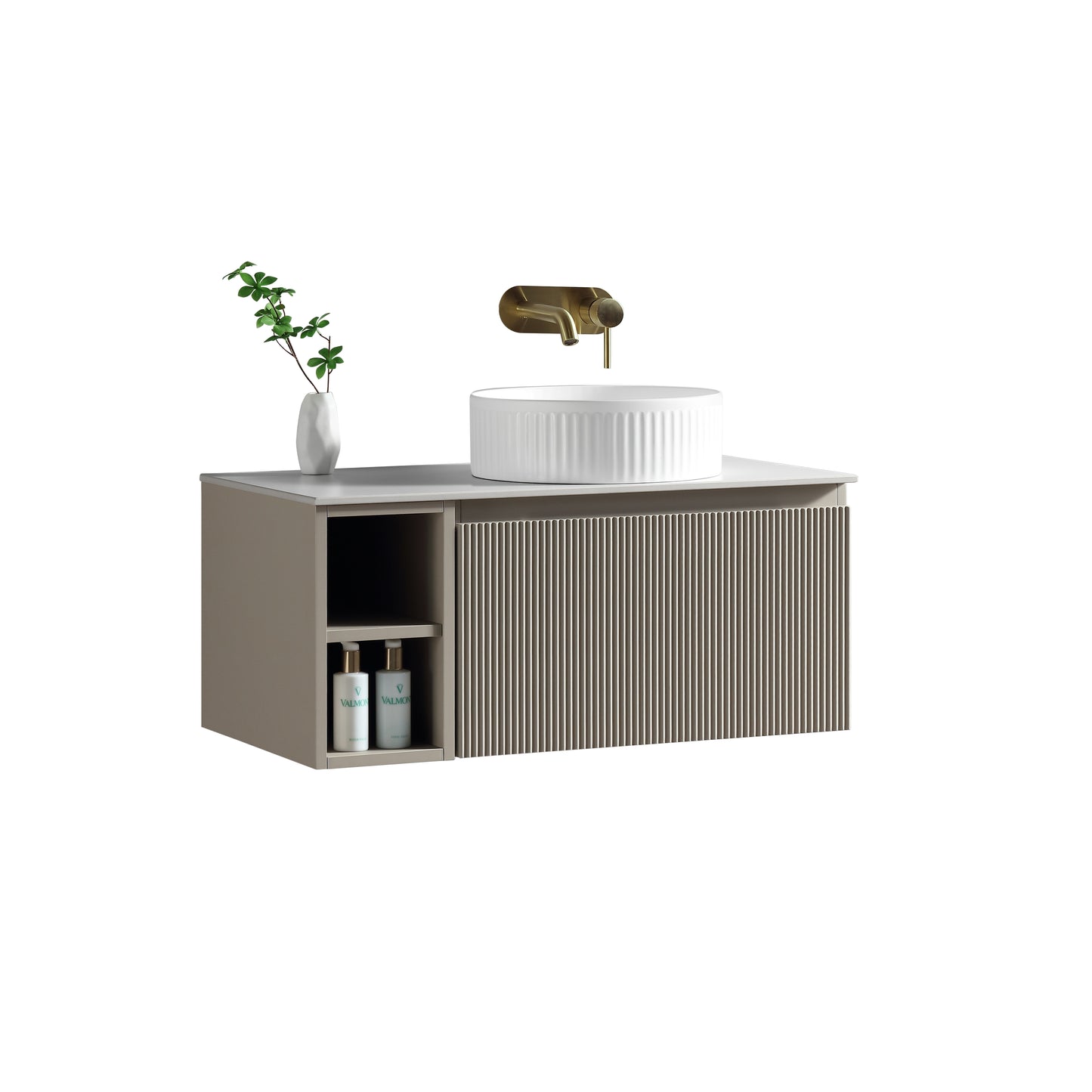 Tailored Bathrooms Flauto 800mm Wall Hung Vanity with Side Storage – Right Hand Sintered Stone Counter Top