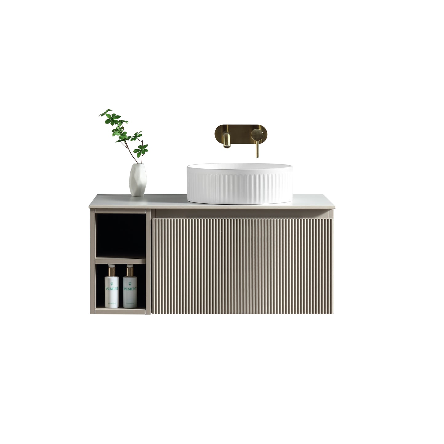 Tailored Bathrooms Flauto 800mm Wall Hung Vanity with Side Storage – Right Hand Sintered Stone Counter Top