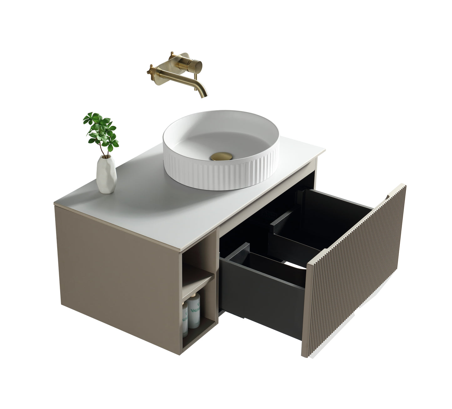 Tailored Bathrooms Flauto 800mm Wall Hung Vanity with Side Storage – Right Hand Sintered Stone Counter Top