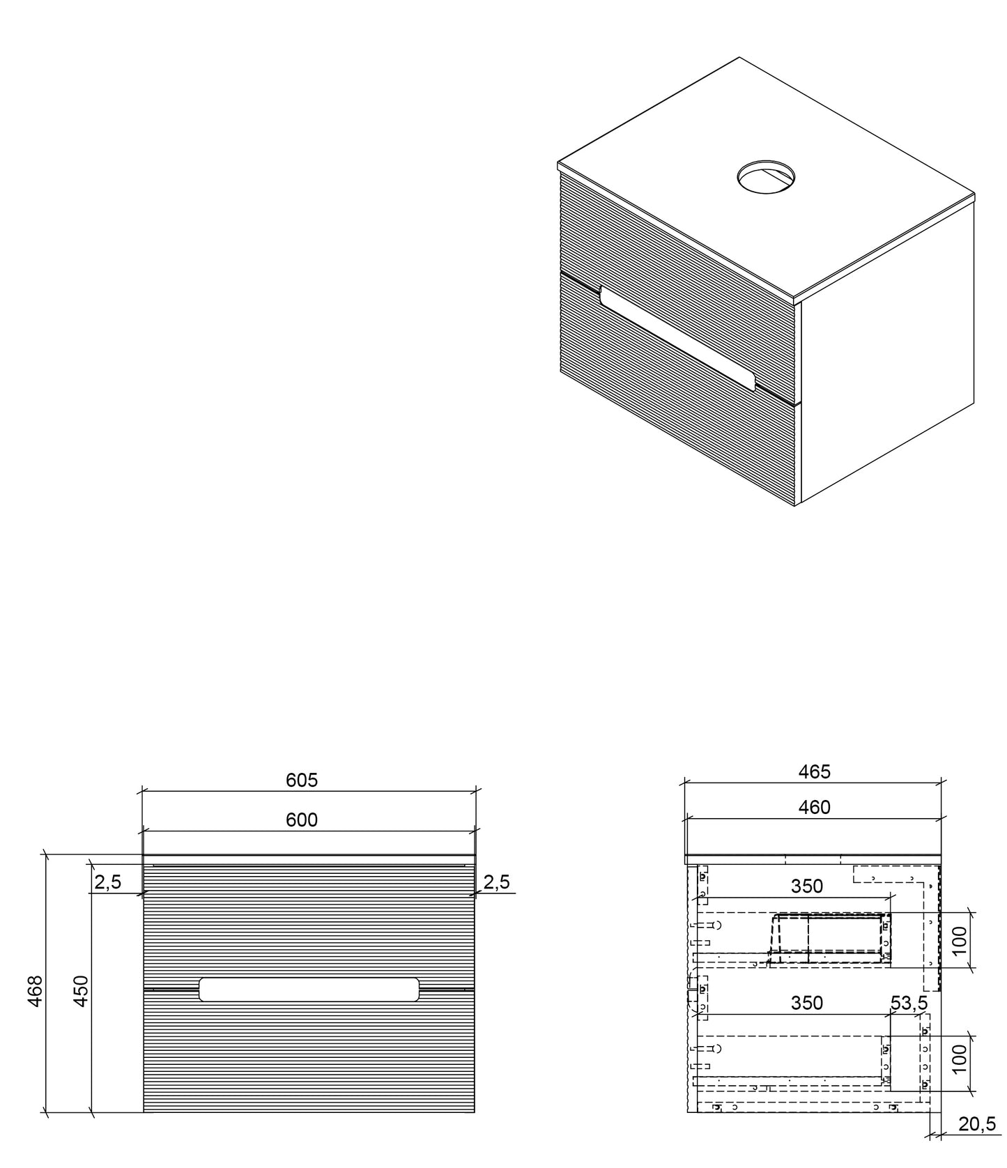 Tailored Bathrooms Monza Plus 600mm Fluted Wall Hung Vanity & Counter Top | A Modern Statement Piece for Your Bathroom