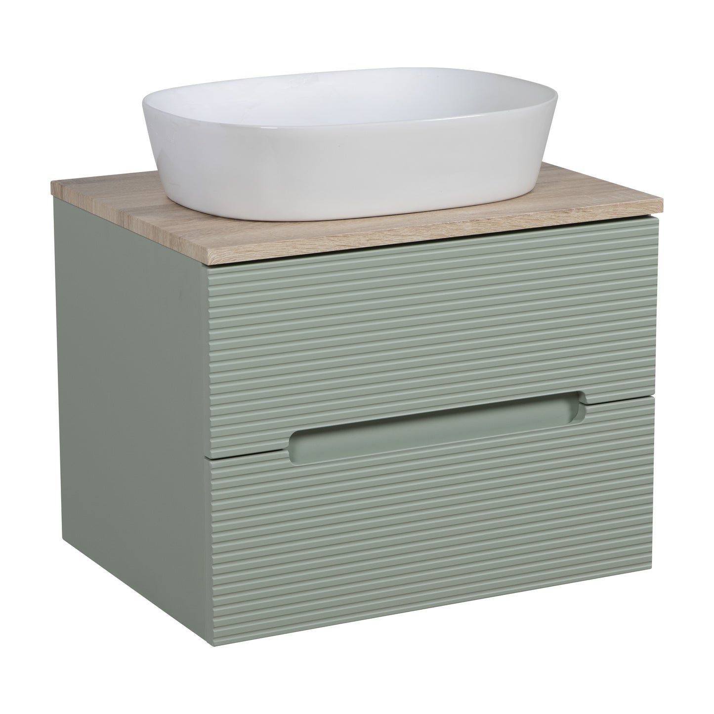 Tailored Bathrooms Monza Plus 600mm Fluted Wall Hung Vanity & Counter Top – Aloe Green/Country Oak | A Modern Statement Piece for Your Bathroom