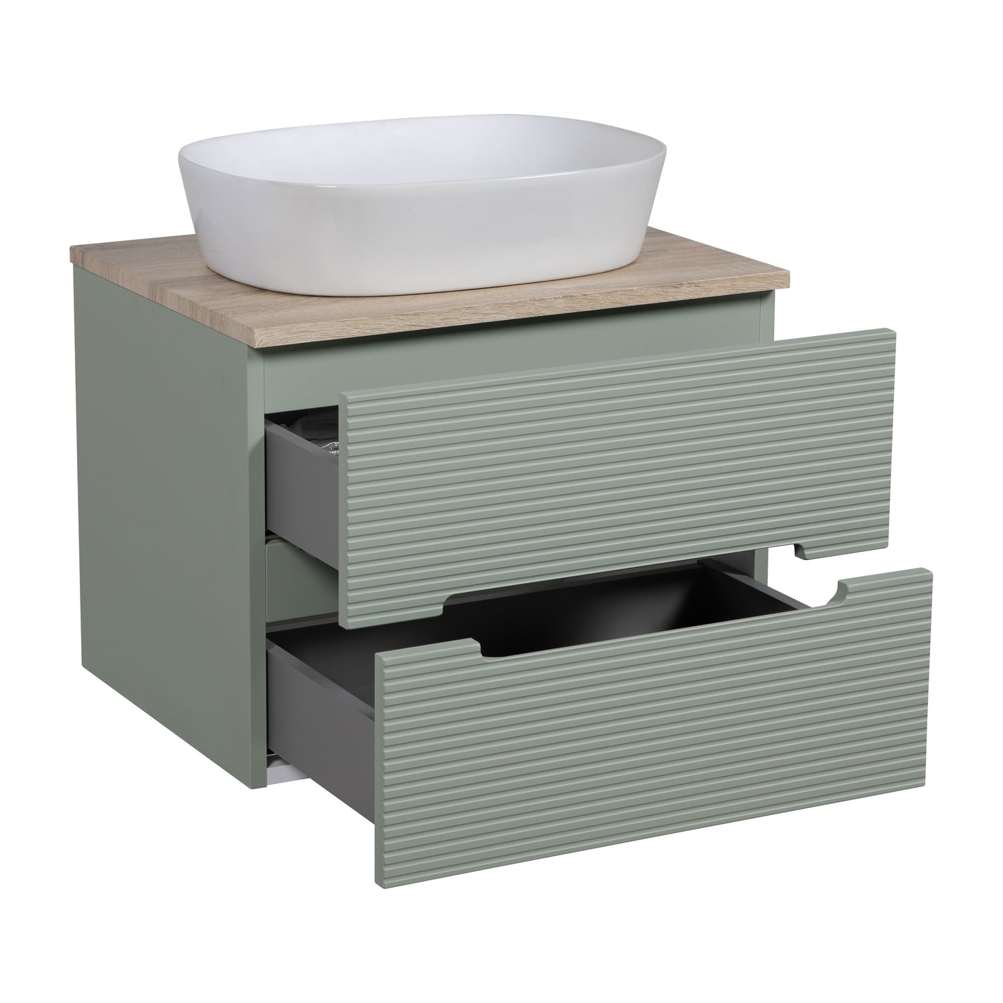 Tailored Bathrooms Monza Plus 600mm Fluted Wall Hung Vanity & Counter Top – Aloe Green/Country Oak | A Modern Statement Piece for Your Bathroom