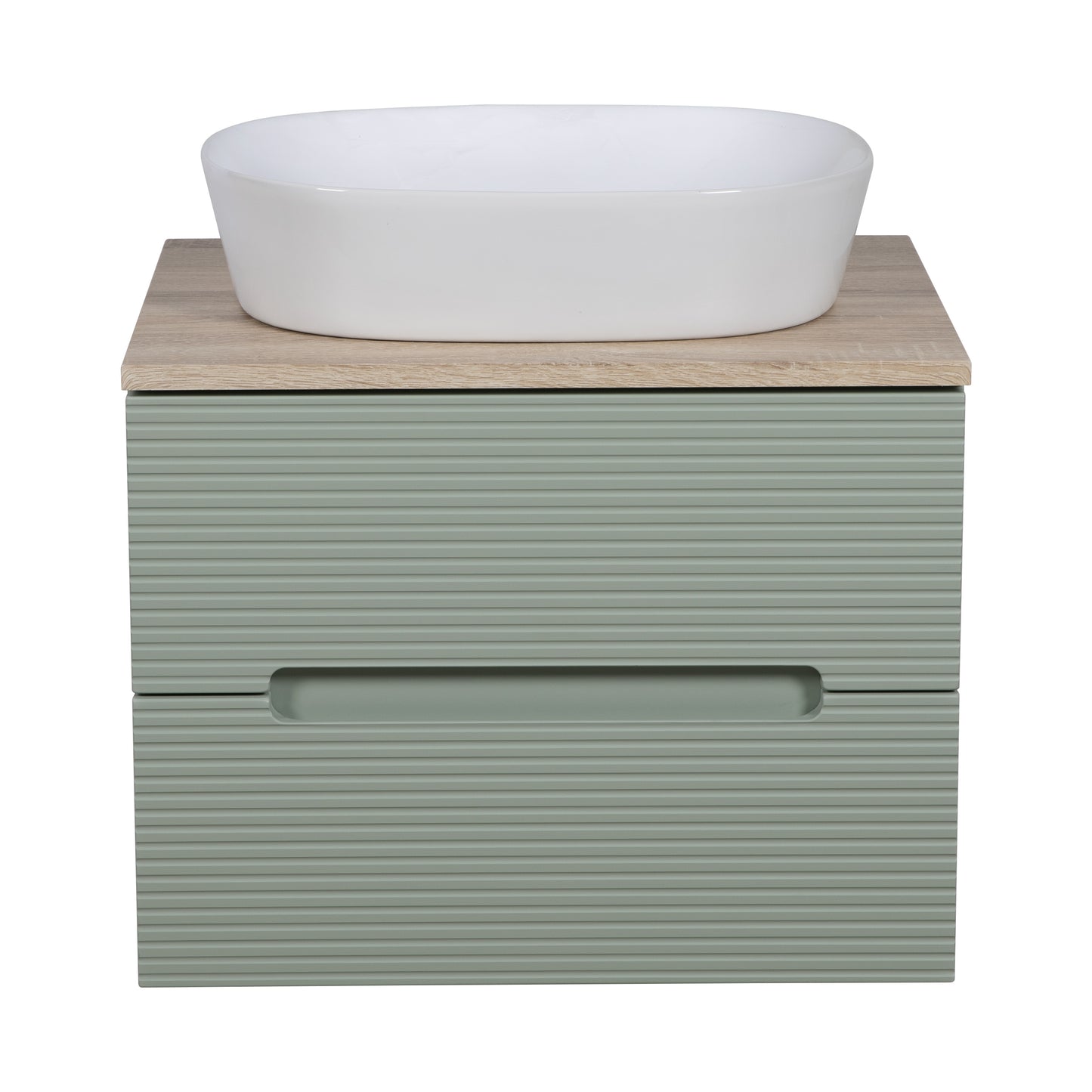 Tailored Bathrooms Monza Plus 600mm Fluted Wall Hung Vanity & Counter Top – Aloe Green/Country Oak | A Modern Statement Piece for Your Bathroom