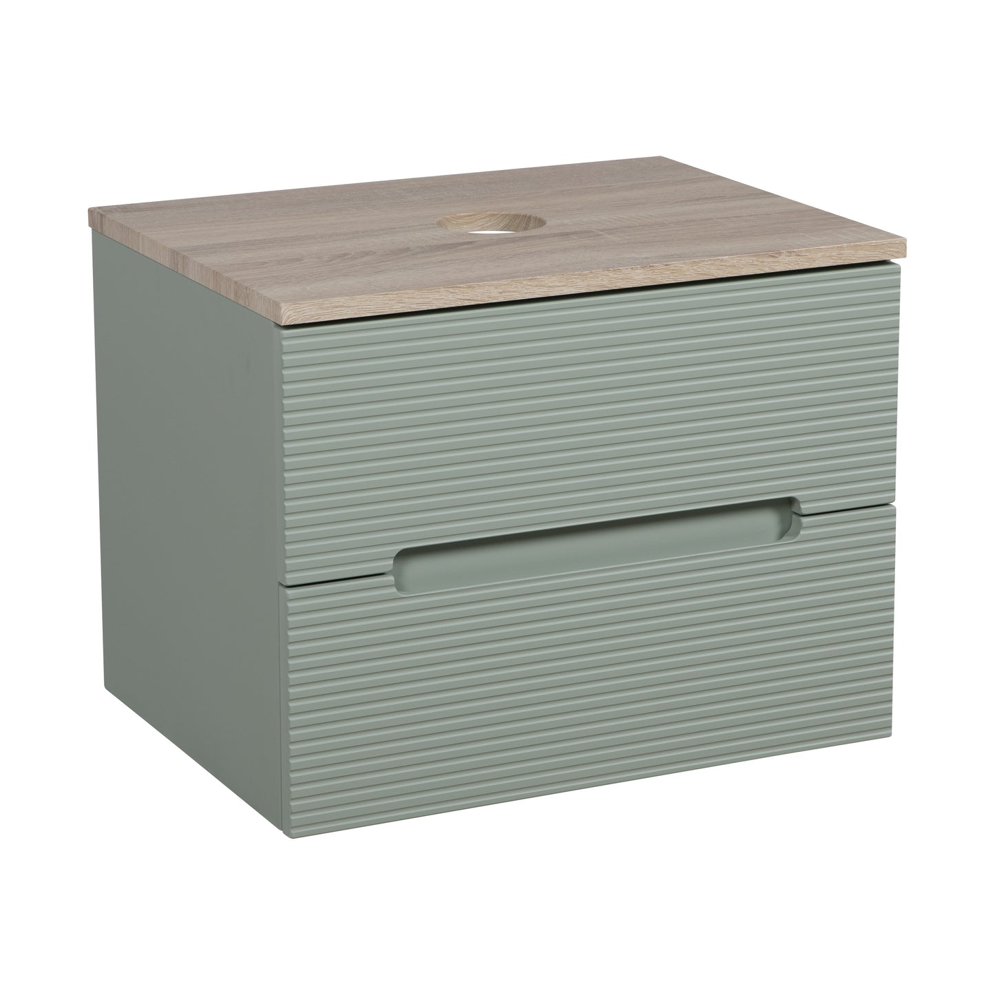 Tailored Bathrooms Monza Plus 600mm Fluted Wall Hung Vanity & Counter Top – Aloe Green/Country Oak | A Modern Statement Piece for Your Bathroom