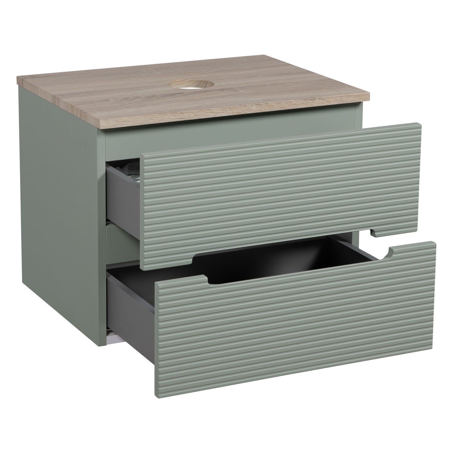 Tailored Bathrooms Monza Plus 600mm Fluted Wall Hung Vanity & Counter Top – Aloe Green/Country Oak | A Modern Statement Piece for Your Bathroom