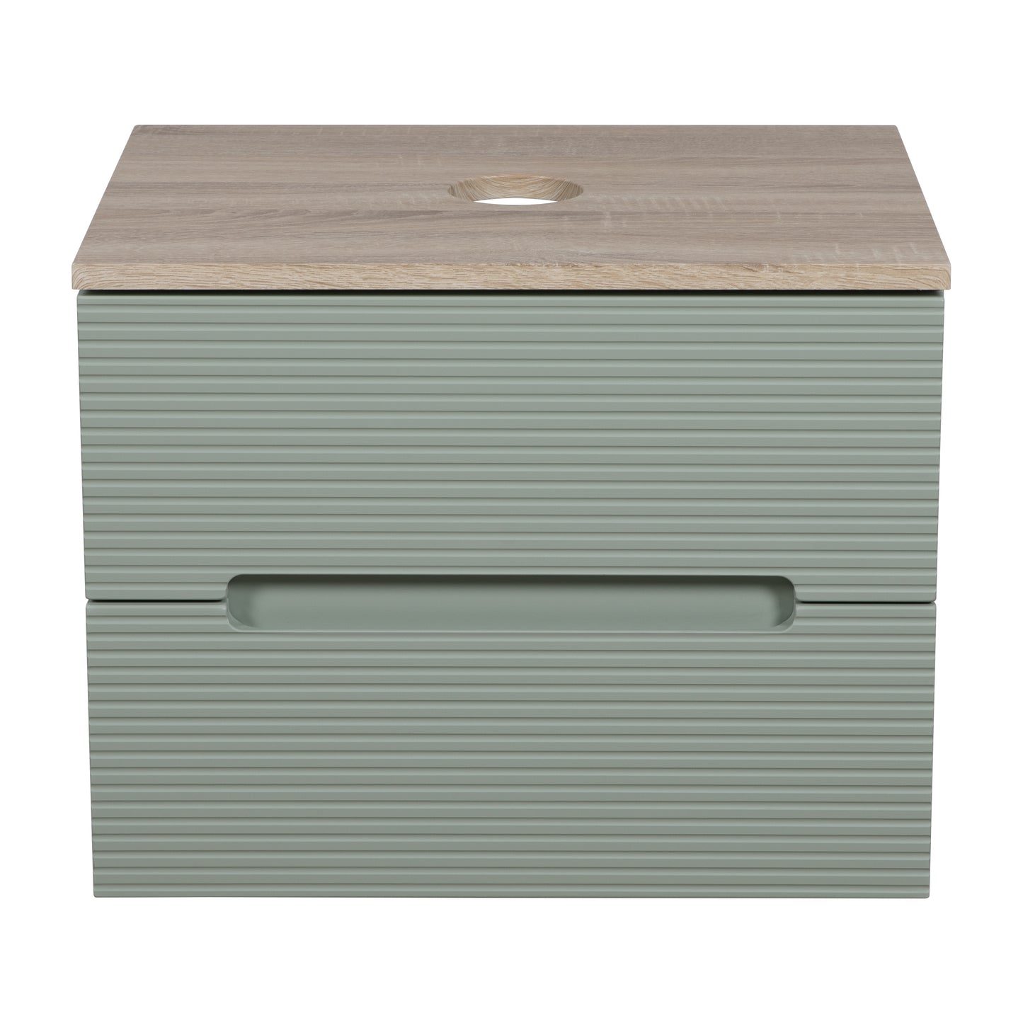 Tailored Bathrooms Monza Plus 600mm Fluted Wall Hung Vanity & Counter Top – Aloe Green/Country Oak | A Modern Statement Piece for Your Bathroom