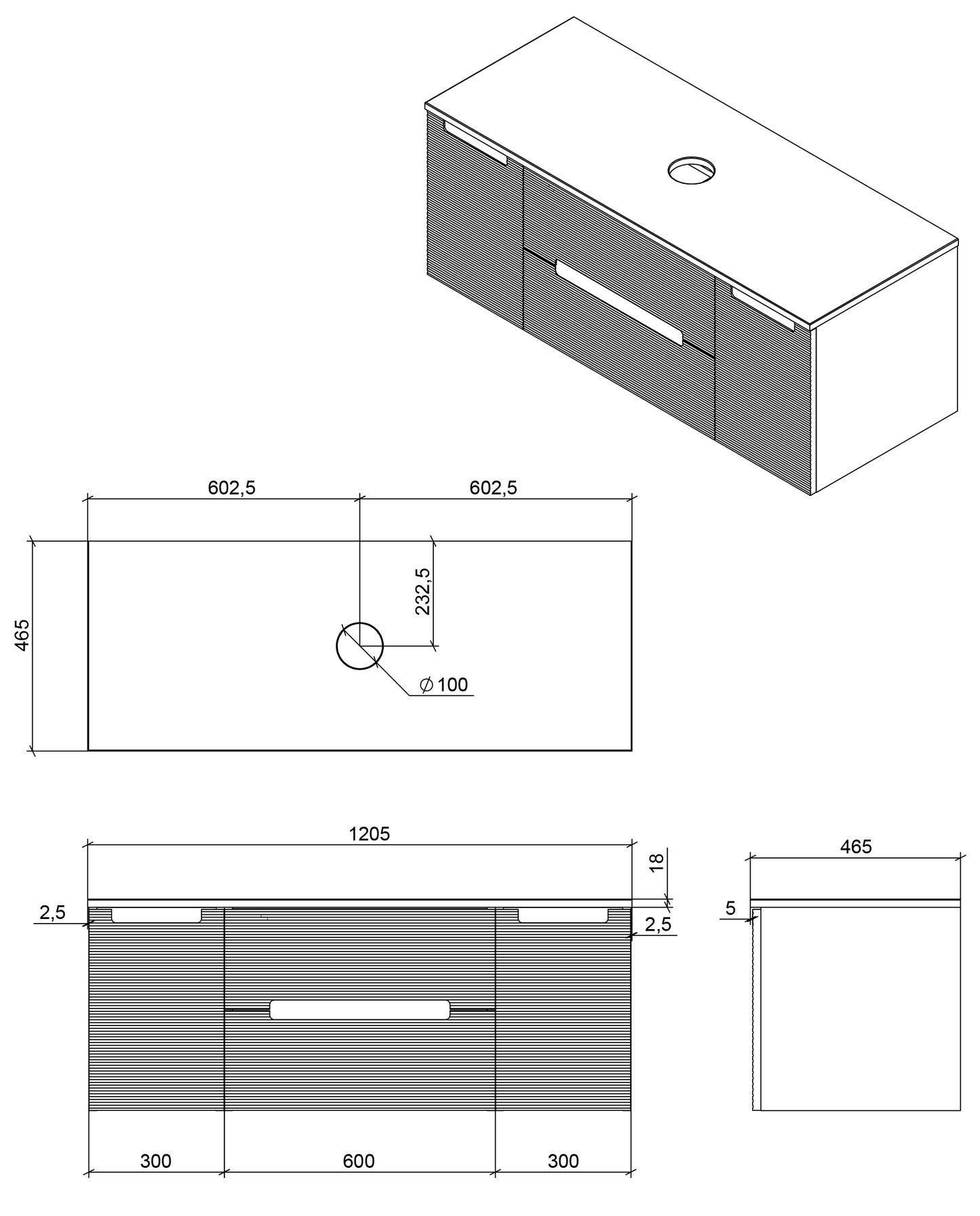 Tailored Bathrooms Monza Plus 1200mm Fluted Wall Hung Vanity with 2 Side Cabinets & Countertop