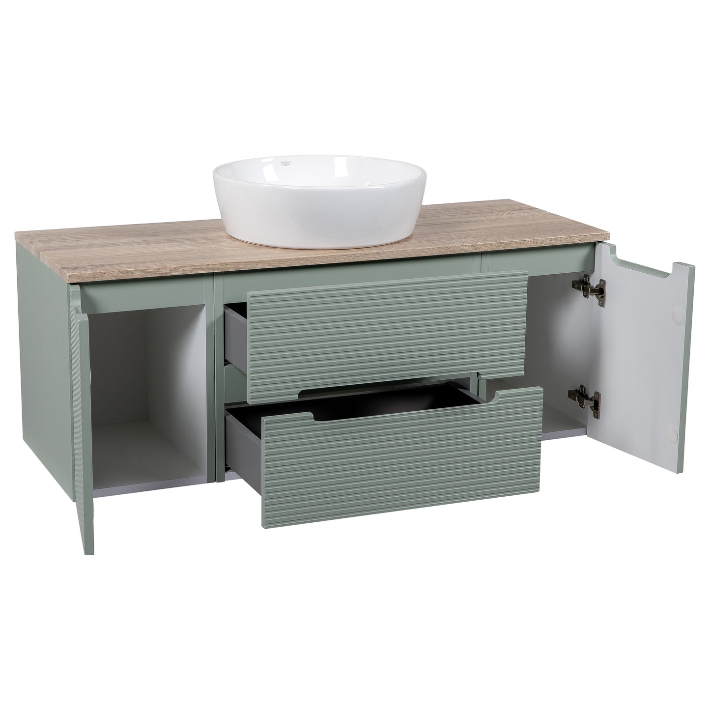 Tailored Bathrooms Monza Plus 1200mm Fluted Wall Hung Vanity with 2 Side Cabinets & Counter Top – Aloe Green