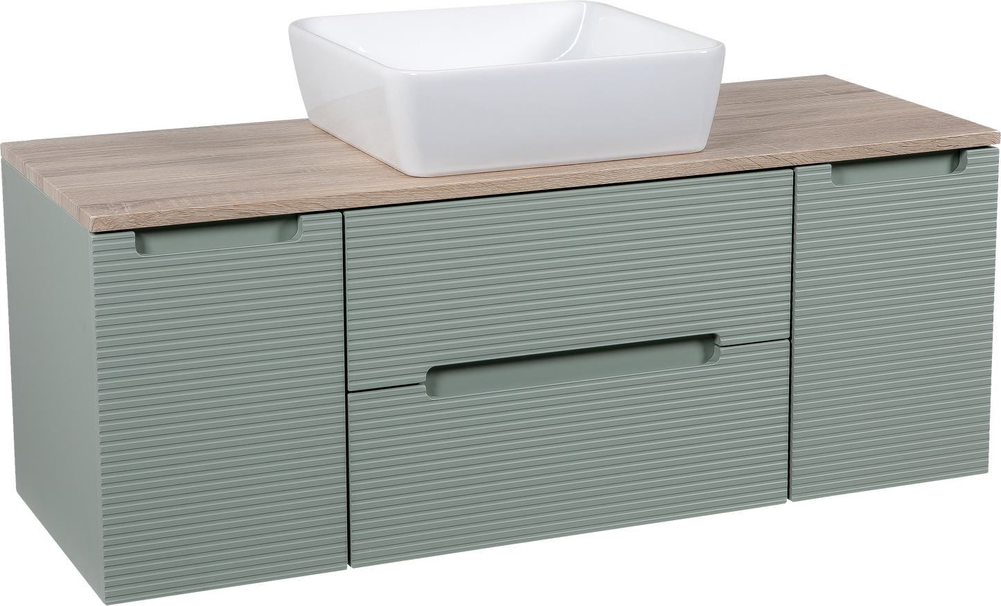 Tailored Bathrooms Monza Plus 1200mm Fluted Wall Hung Vanity with 2 Side Cabinets & Counter Top – Aloe Green