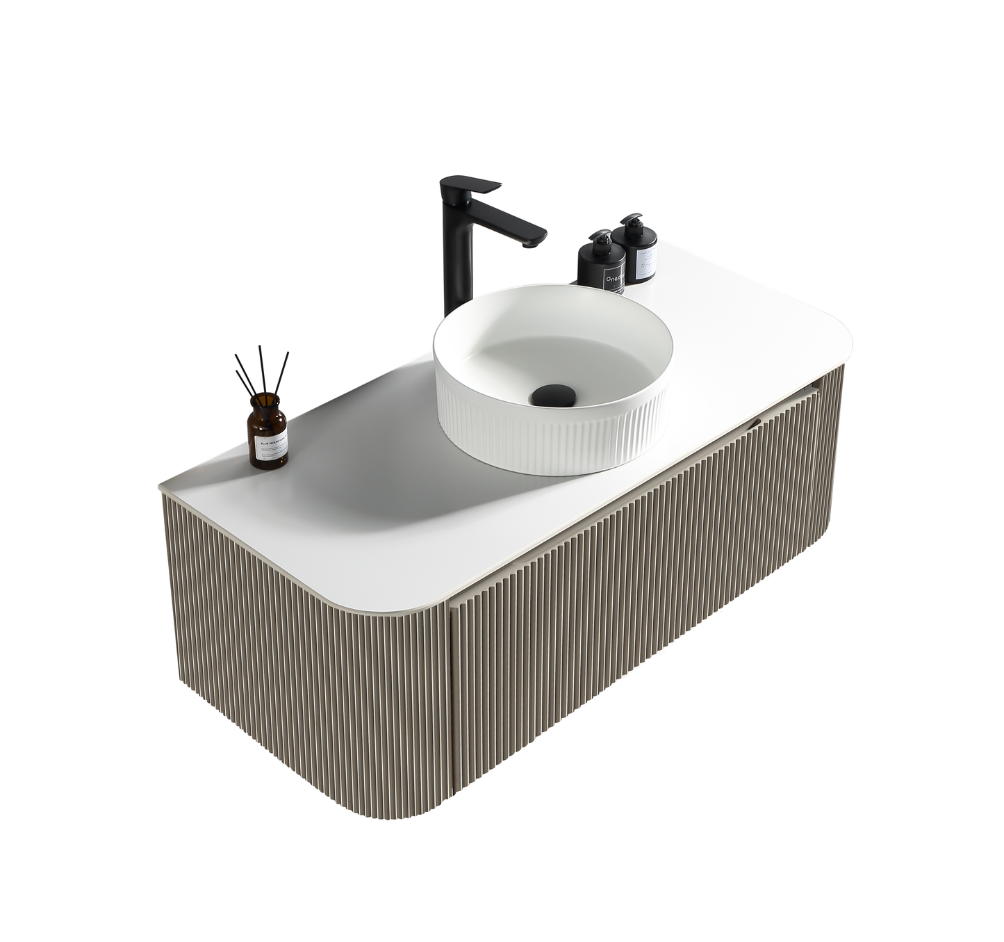 Tailored Bathrooms – Flauto 1070mm Wall Hung Curve Corner Vanity with Sintered Stone Counter Top