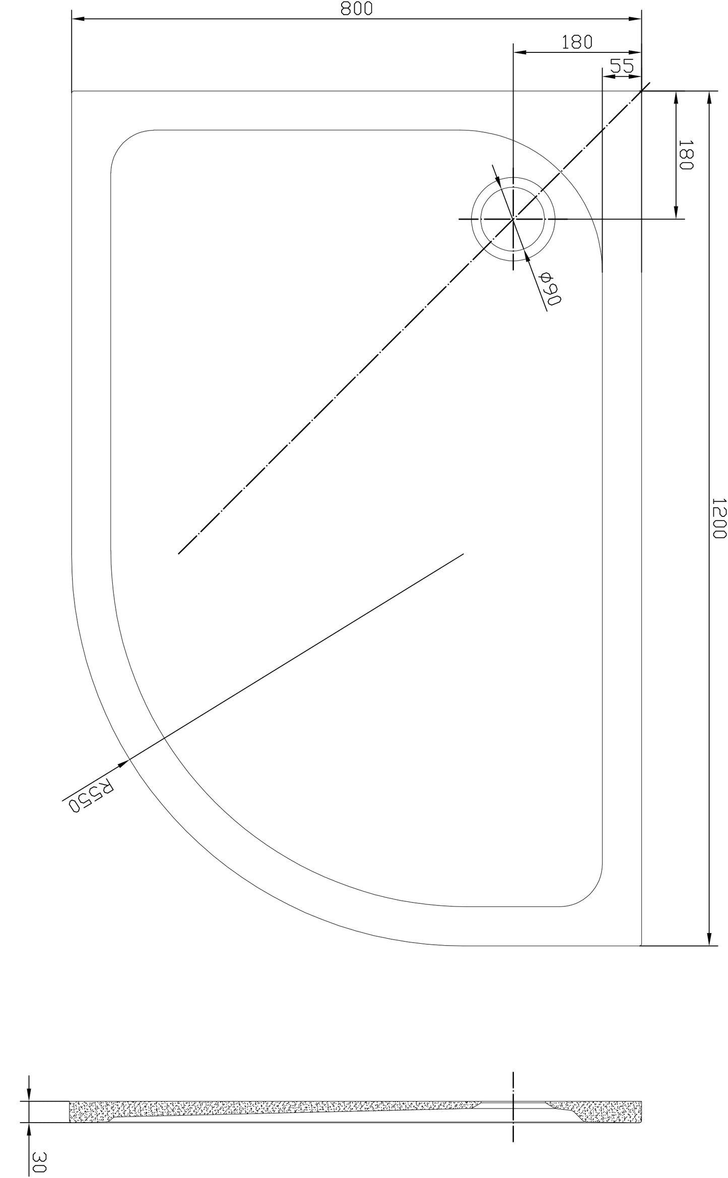 Tailored Bathrooms 1200x900mm Right Offset Quad 30mm Low Profile Shower Tray