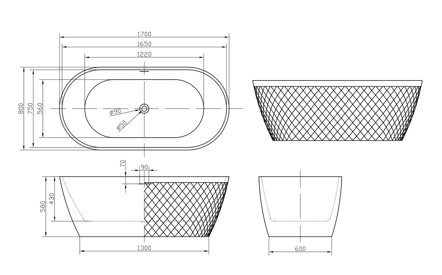 Roll Top Bath Company Faye Freestanding Bath – Diamond Textured Acrylic Bathtub