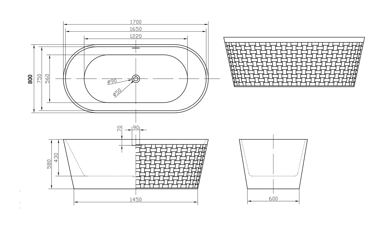 Roll Top Bath Company Ingrid Freestanding Bath – Woven Basket-Weave Acrylic Bathtub