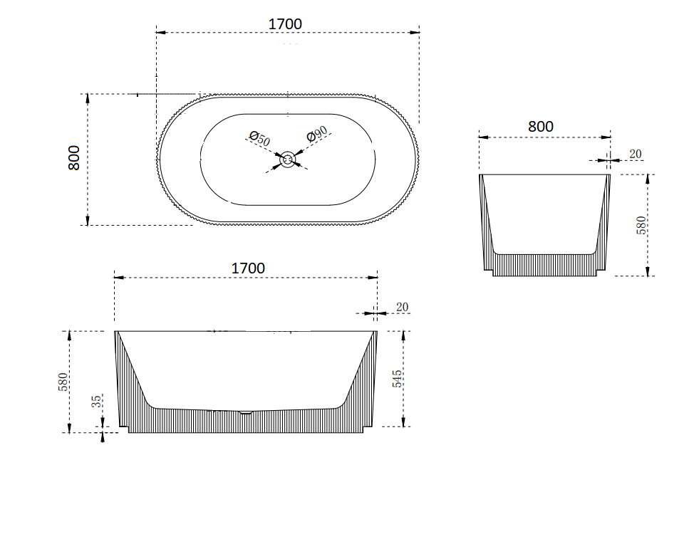 Roll Top Bath Company Ginger Freestanding Bath – Rippled Acrylic Art Deco Inspired Bathtub