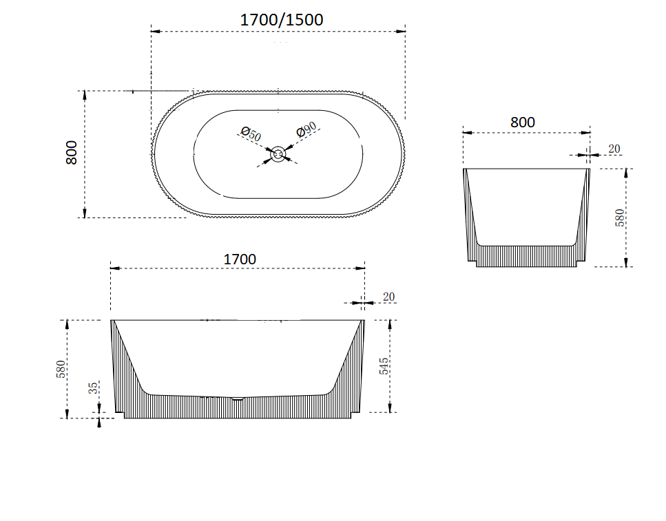 Roll Top Bath Company Ginger Freestanding Bath – Rippled Acrylic Art Deco Inspired Bathtub
