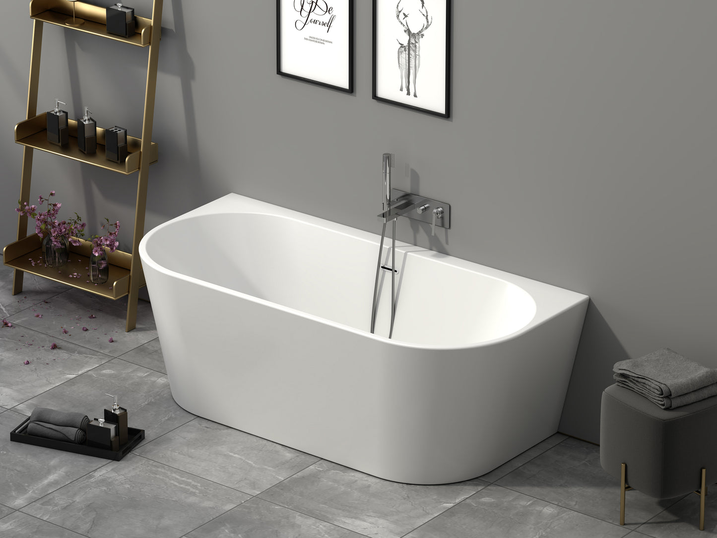 Roll Top Bath Company Grace Freestanding Bath – D Shaped Acrylic Back-to-Wall Bathtub