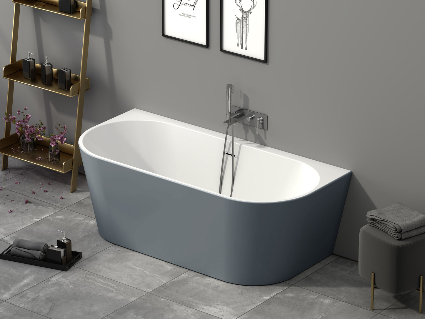 Roll Top Bath Company Grace Freestanding Bath – D Shaped Acrylic Back-to-Wall Bathtub