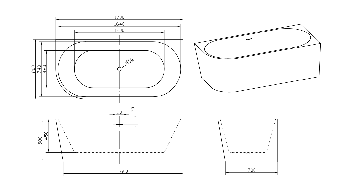 Roll Top Bath Company Sophia Corner Freestanding Bath – Fluted Acrylic Bathtub (Left and Right Options)