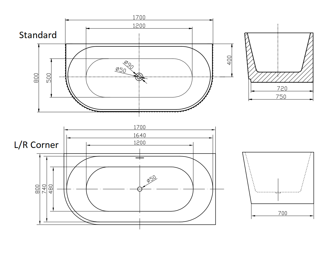 Roll Top Bath Company Sophia Corner Freestanding Bath – Fluted Acrylic Bathtub (Left and Right Options)