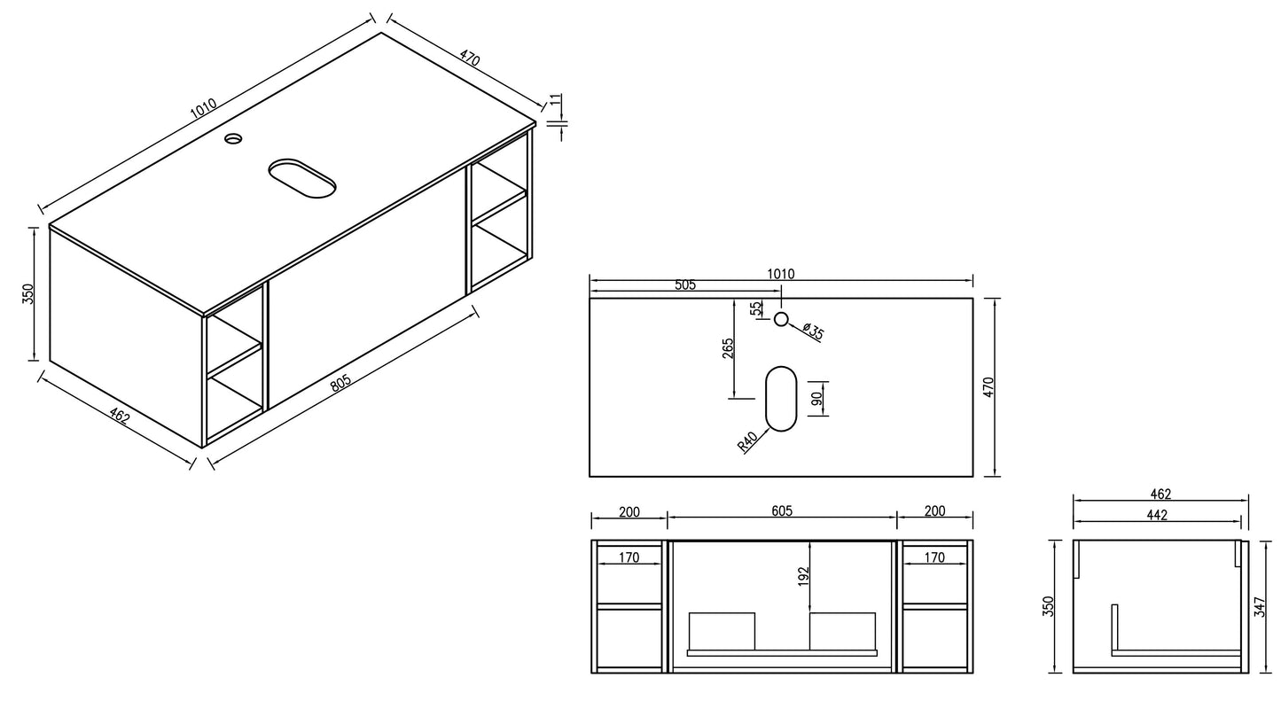 Tailored Bathrooms Flauto 1000mm Wall Hung Vanity with 2 Side Storage Units & Sintered Stone Counter Top