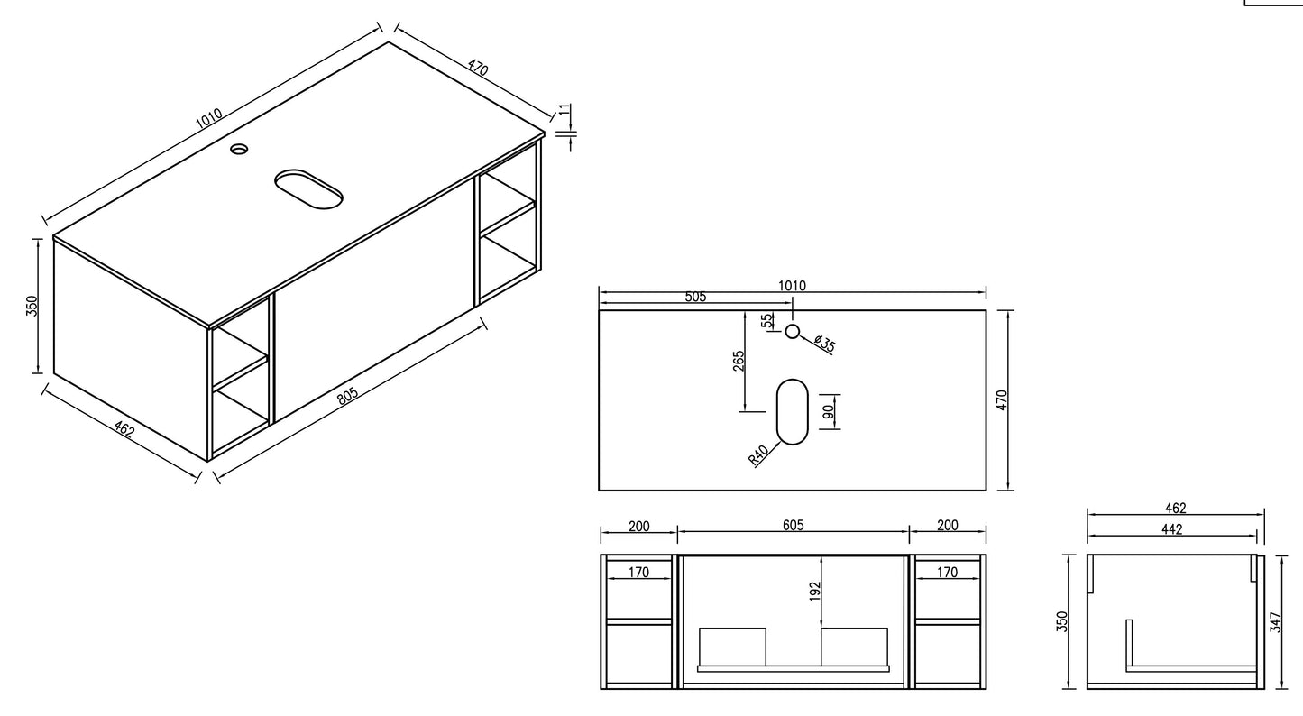 Tailored Bathrooms Piatta 1000mm Wall Hung Vanity with 2 Side Storage Units & Sintered Stone Counter Top