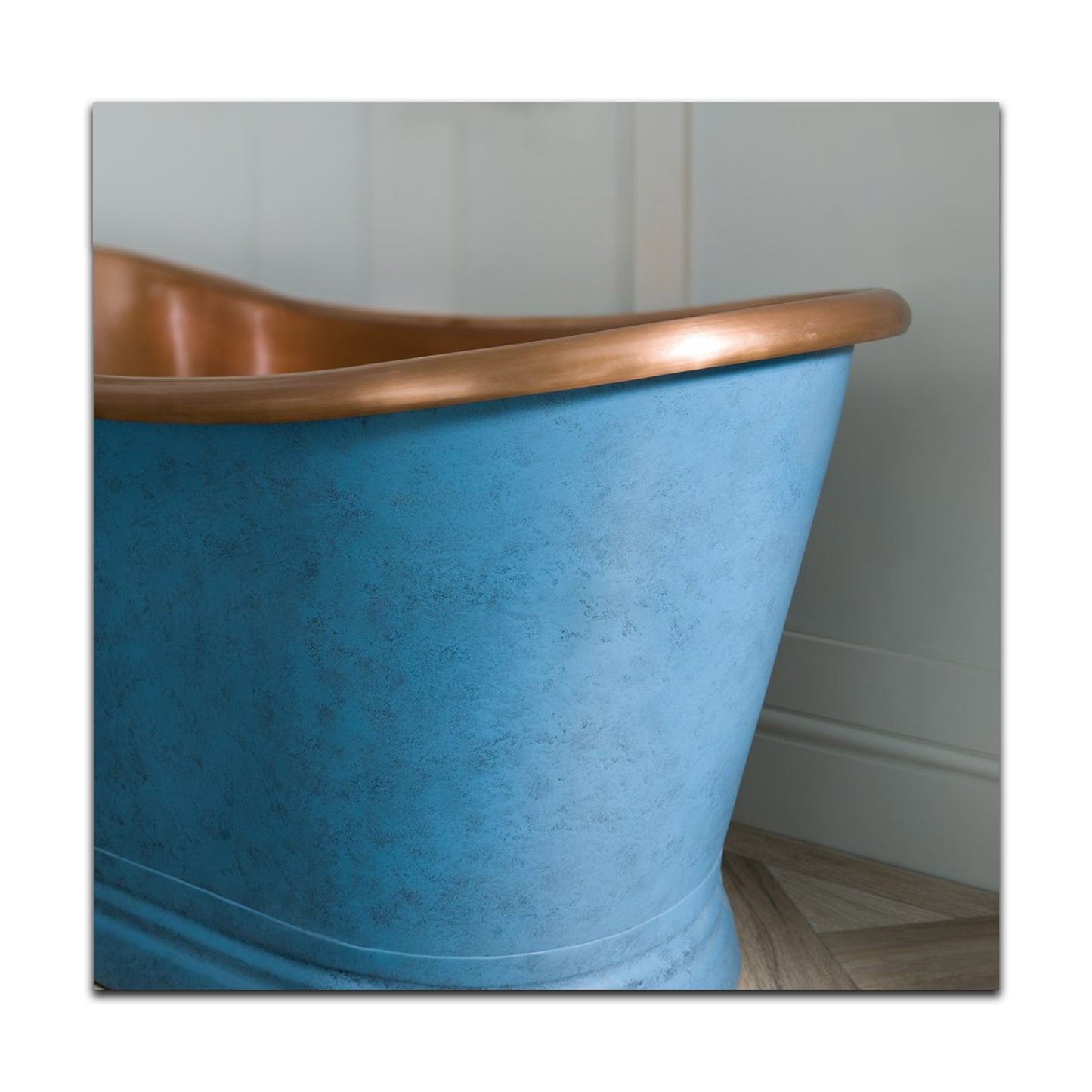 Slanted Cascading Base Copper Bathtub Verdigris Blue Patina Exterior & Antique Finish Interior
