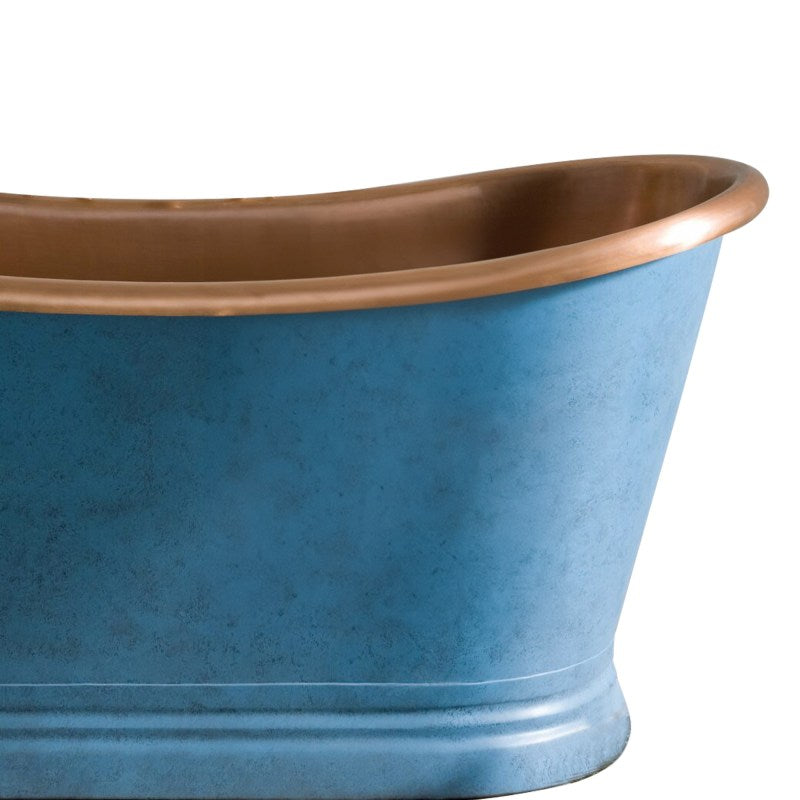 Slanted Cascading Base Copper Bathtub Verdigris Blue Patina Exterior & Antique Finish Interior