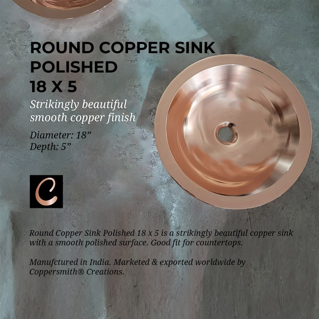 Coppersmith Creations Round Copper Sink Polished 18" x 5"