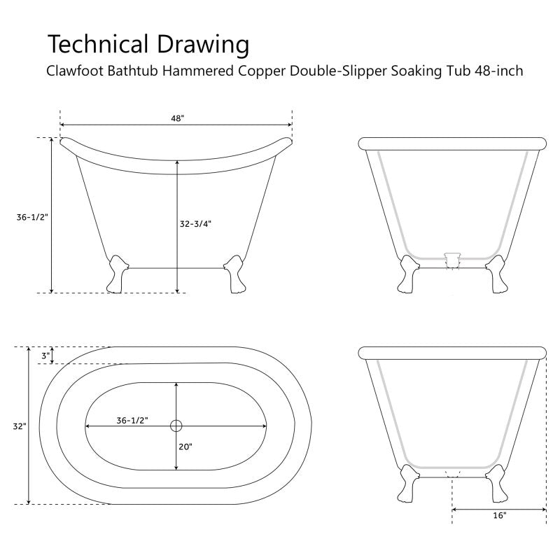Coppersmith Creations Clawfoot Bathtub Hammered Copper Double-Slipper Soaking Tub 48-inch