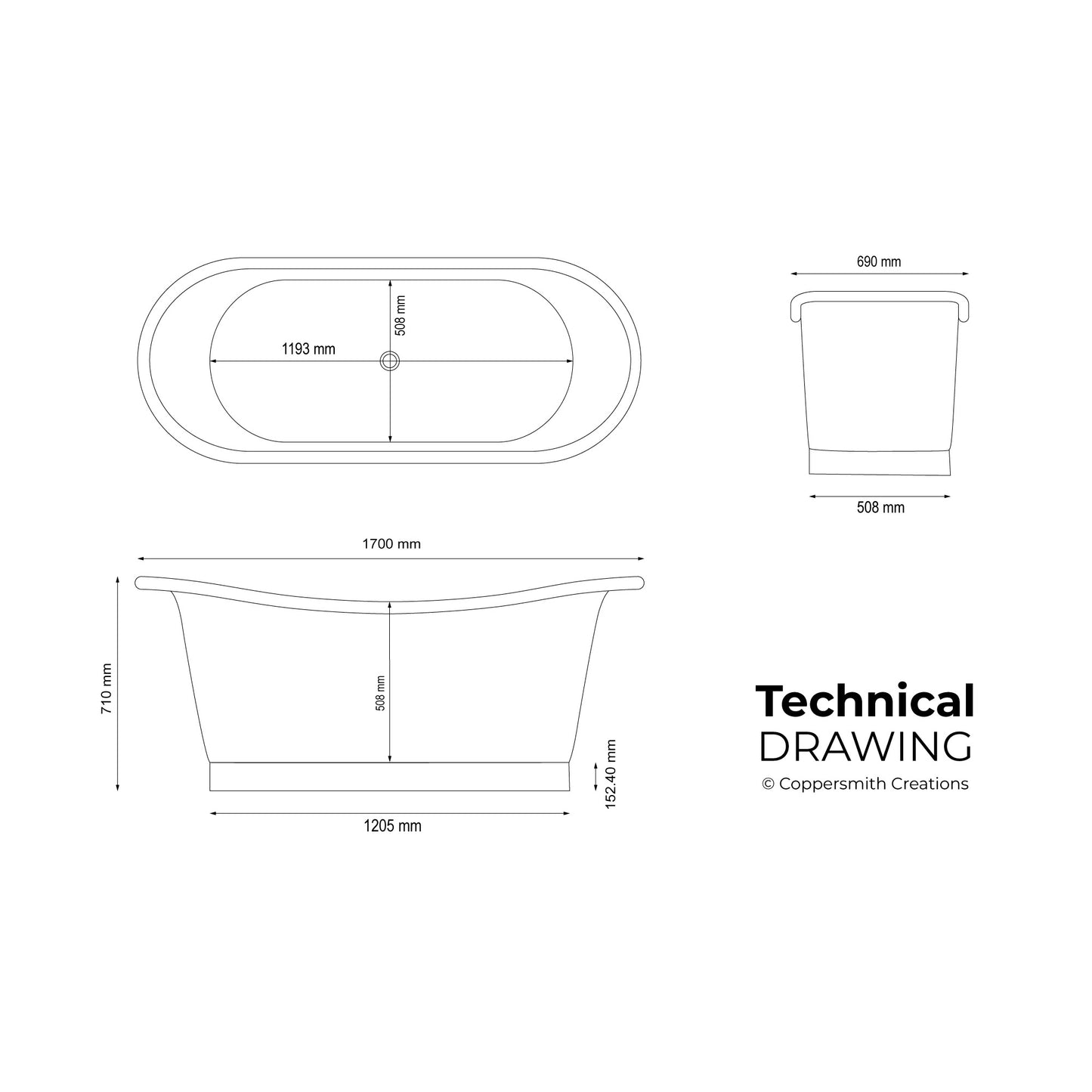 Coppersmith Creations Straight Base Brass Bathtub Patina Exterior & Polished Brass Interior Finish