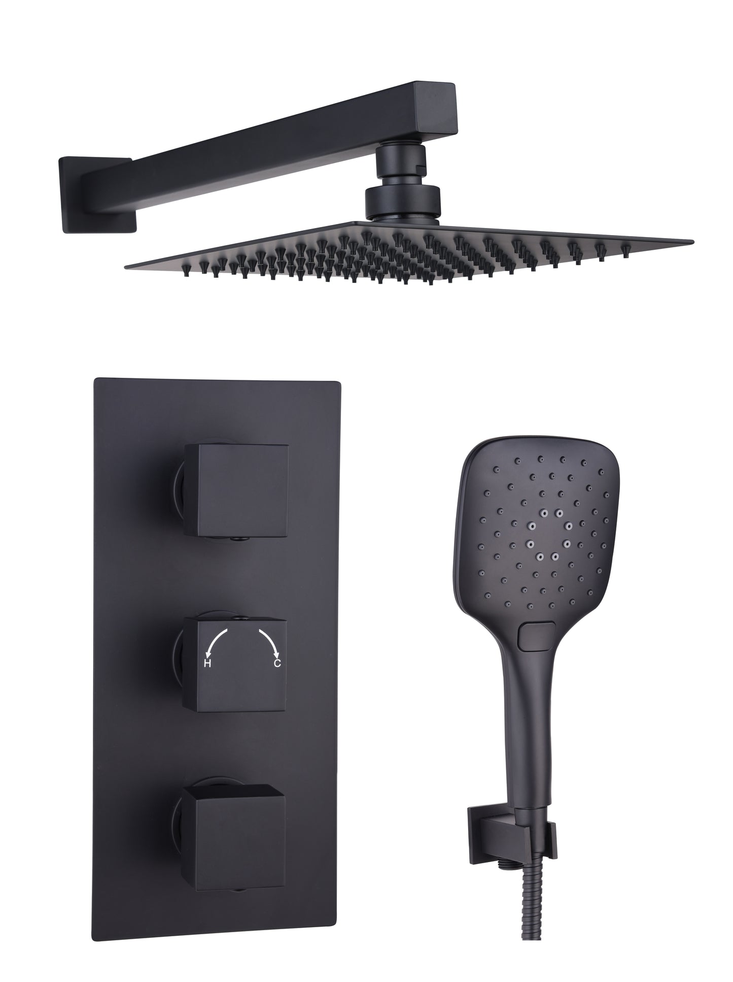 Tailored Bathrooms Black Square Concealed Thermostatic 3 Handle 2 Way Shower Kit with Stainless Steel Head
