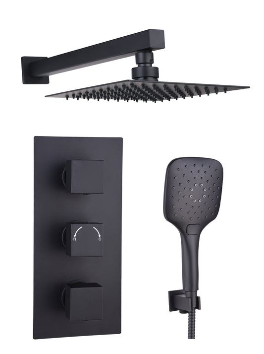 Tailored Bathrooms Black Square Concealed Thermostatic 3 Handle 2 Way Shower Kit with Stainless Steel Head
