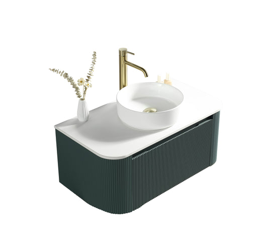Tailored Bathrooms Flauto Smoked Sage 870mm Wall Hung Curve Corner Vanity with Sintered Stone Countertop