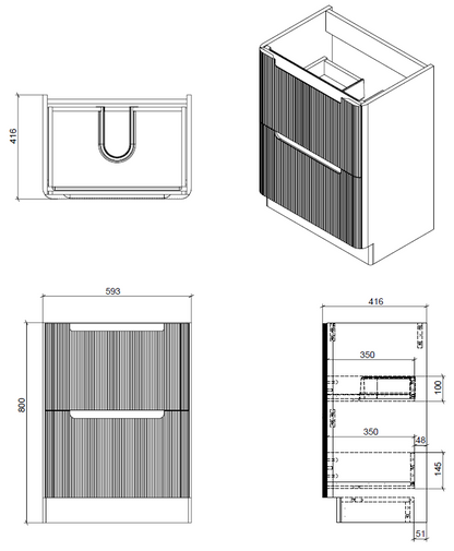 Tailored Bathrooms Monza 600mm Fluted Vanity Unit & Basin | Floor Standing