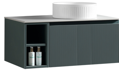 Tailored Bathrooms Flauto 800mm Wall Hung Vanity with Side Storage – Right Hand Sintered Stone Counter Top