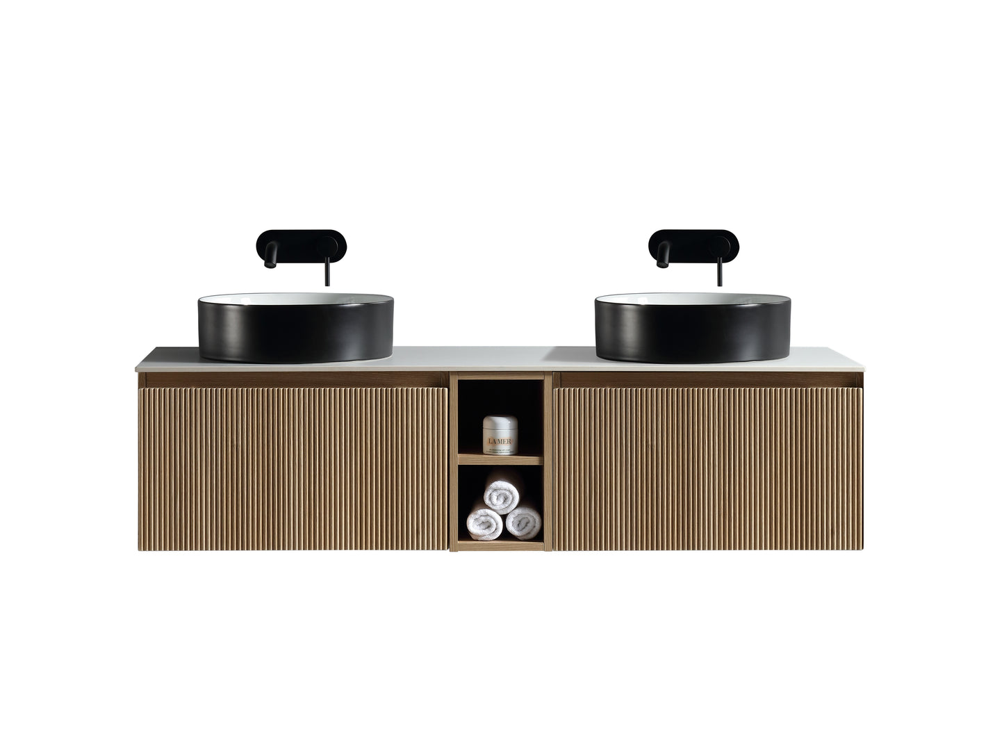 Tailored Bathrooms Flauto 1400mm Wall Hung Double Vanity with Side Storage & Sintered Stone Counter Top