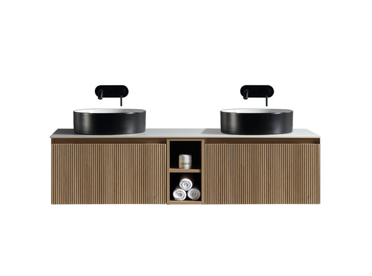 Tailored Bathrooms Flauto 1400mm Wall Hung Double Vanity with Side Storage & Sintered Stone Counter Top